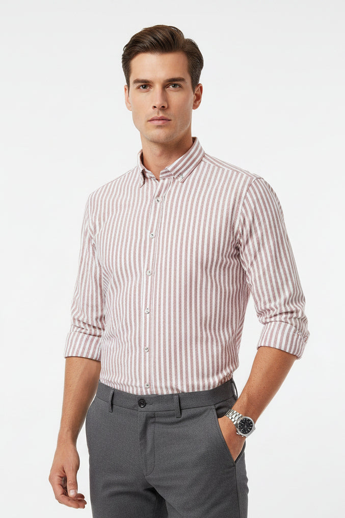 Chemise premium en coton, coupe slim à rayure marron clair, édition Platinium - "morven"